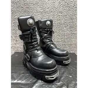 New Rock Leather Black Reactor With Laces M-373-S4 Boots Black Womens Size 39 EU